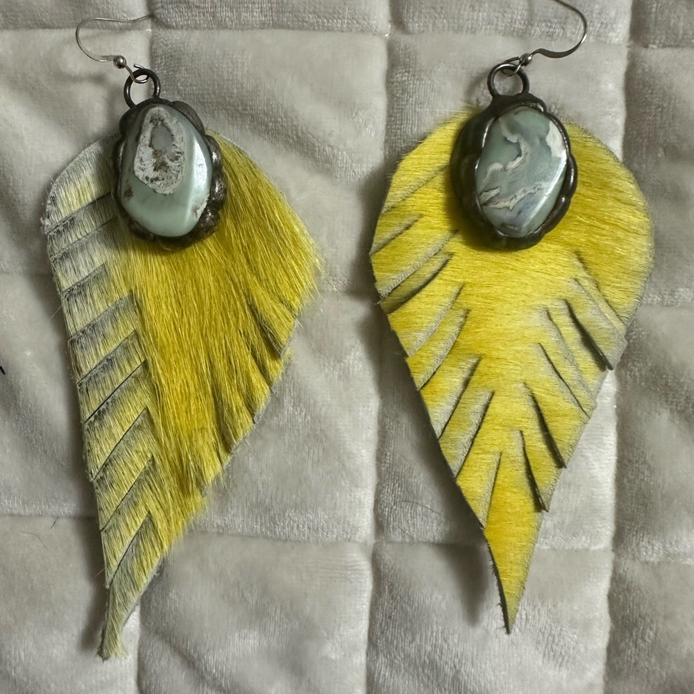 Art by Amy yellow leather earrings with stone
